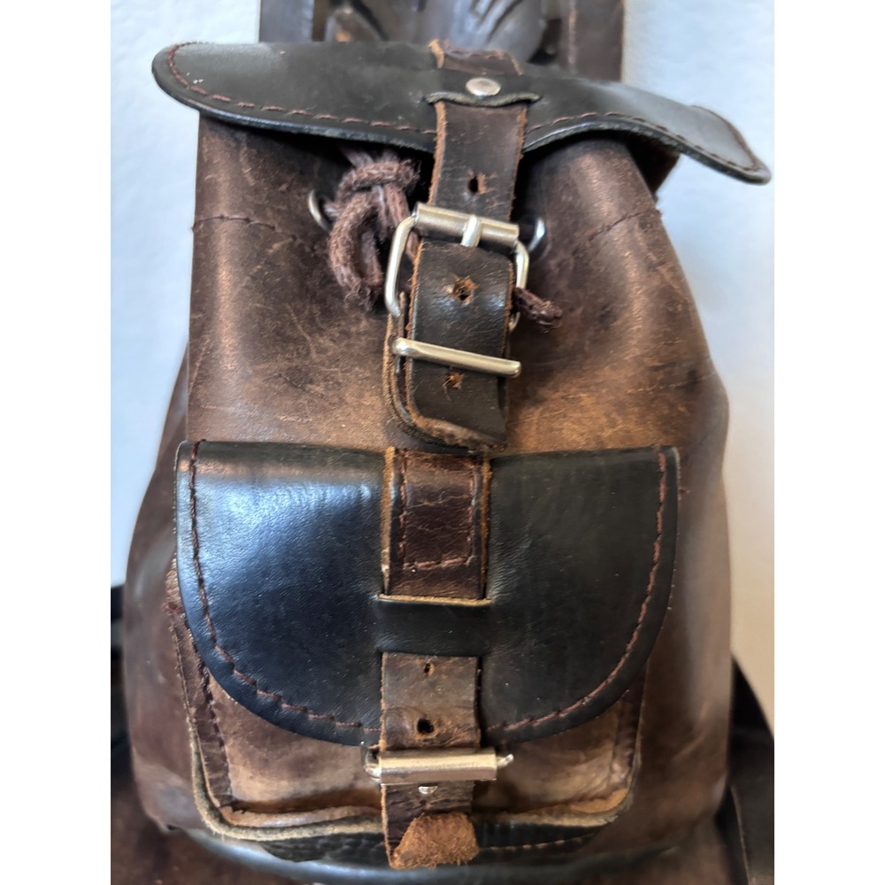 Vintage Two Tone Brown Black Leather Mini Backpack Buckle Drawstring Rucksack